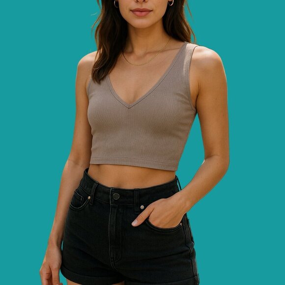 Taupe Ribbed V-Neck Crop Top by Garage | Minimalist Summer Staple - Picture 1 of 5
